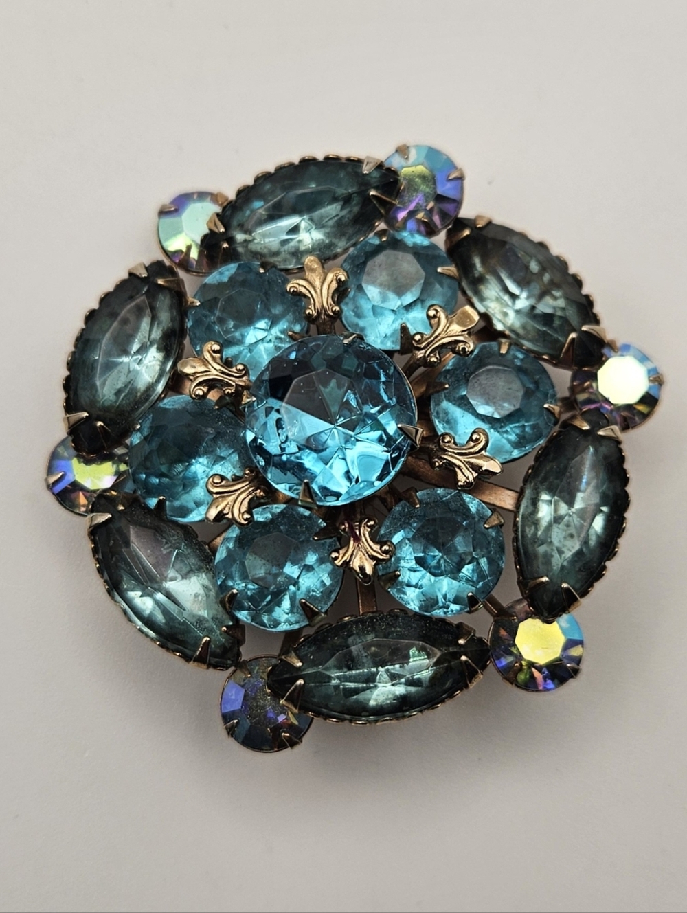 Vintage Blue Rhinestone Brooch Pin Aquamarine Aurora Borealis AB Mid Century